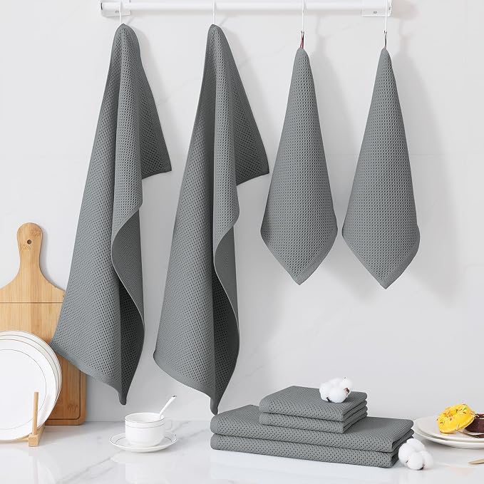 Homaxy 12 Pack 100% Cotton Kitchen Towels and Dishcloths Set, Grey | 12 x 12 Inches and 13 x 28 Inches Kitchen Towels Set, Ultra Soft Absorbent Dish Cloths for Washing Dishes