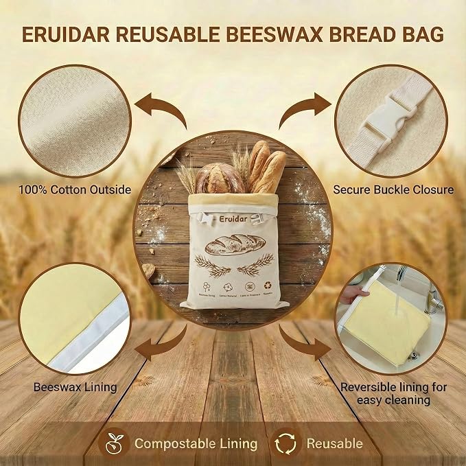 Beeswax Bread Bags for Sourdough & Homemade Bread (2 Pack) | XL 13"x17" Reusable Organic Cotton Bees Wax Bread Bag, Alternative to Bread Box, Natural & Easy to Clean (Rustic Bread Print)
