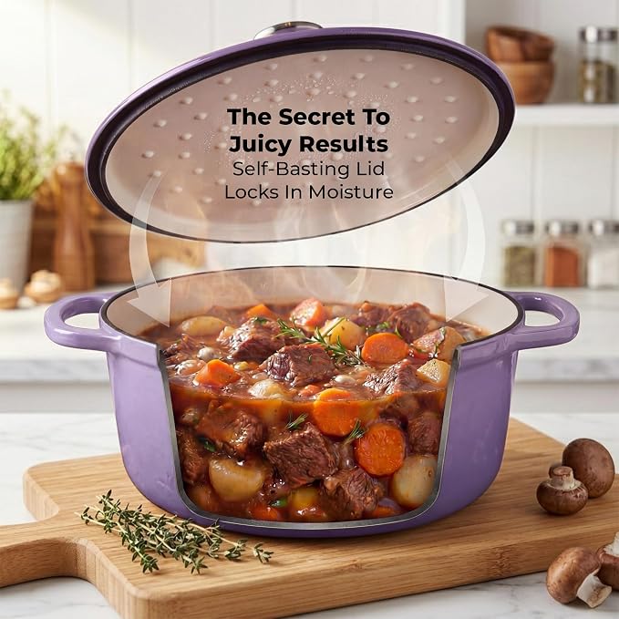 Zulay Kitchen 6.4QT Enameled Cast Iron Dutch Oven Pot with Lid, Heavy-Duty Soup Pot for Stews, Braising, Roasting & Sourdough Bread Baking, Oven Safe up to 500°F - Lavender Jade