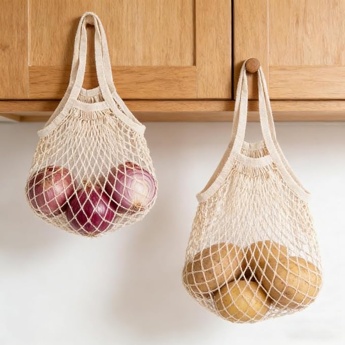 2 Pack Reusable Mesh Produce Bags with Cotton String Handles | Washable Breathable Eco-Friendly Grocery Storage for Fruits & Vegetables