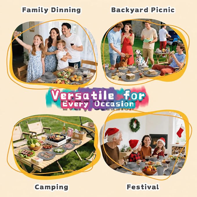 Kids Wheat Straw Dinnerware Sets for 4, 16 Piece Unbreakable Dinnerware Set, Kids Plates and Bowls Sets, Kitchen Plates and Bowls Set, Lightweight Dish Set for Party, Camping，RV - Grey