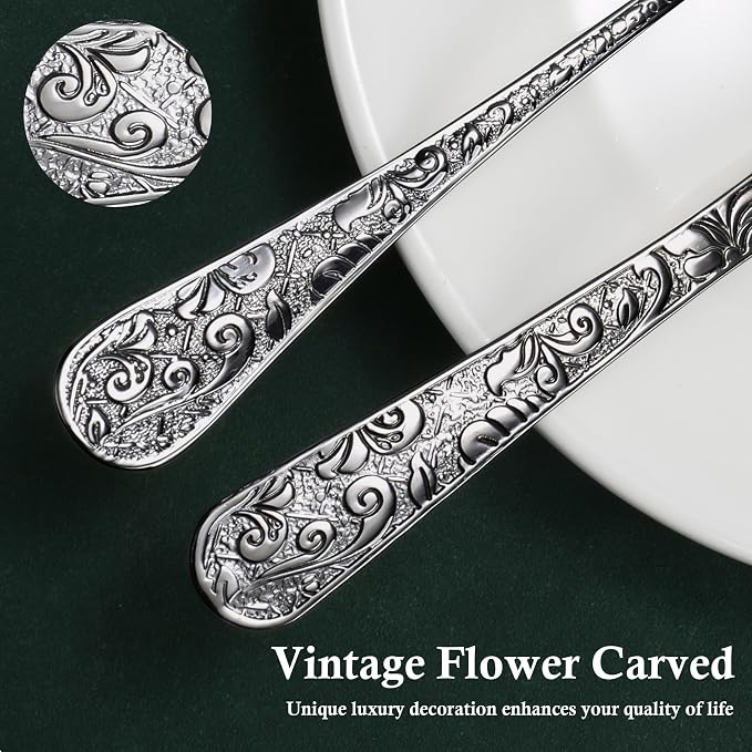 Meythway 40-Piece Vintage Carved Black Silverware Set for 8, Stainless Steel Flatware Set with Knife/Fork/Spoon, Cutlery Set for Home and Kitchen, Utensil Set with Dishwasher Safe