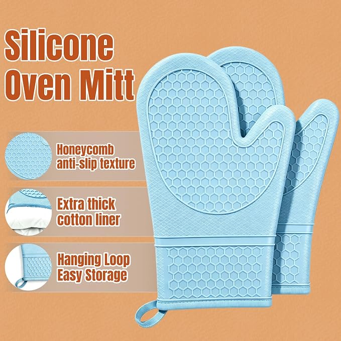 Silicone Oven Mitts 2-Pack, Heat Resistant Non-Slip Grip Gloves, Green