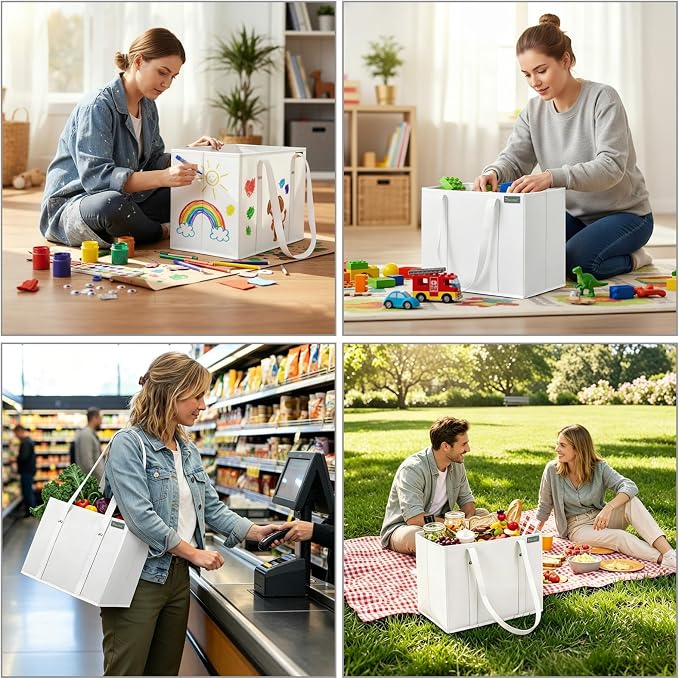 BALEINE 3PK Reusable Grocery Bags, Heavy Duty Shopping Tote Bag | 12'' Long Handles, Reinforced Bottom Keeps Upright, Fold Flat Storage, Water-Resistant Shopping Bag, Multiple Color Options