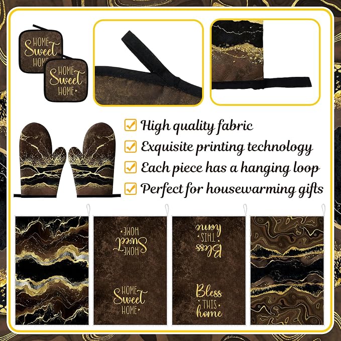 Leinuosen Brown and Gold Marble 8 Pcs Kitchen Towels and Dishcloths Sets Oven Mitts and Pot Holders Absorbent Kitchen Gloves Potholders Heat Resistant for Chef Baking Cooking