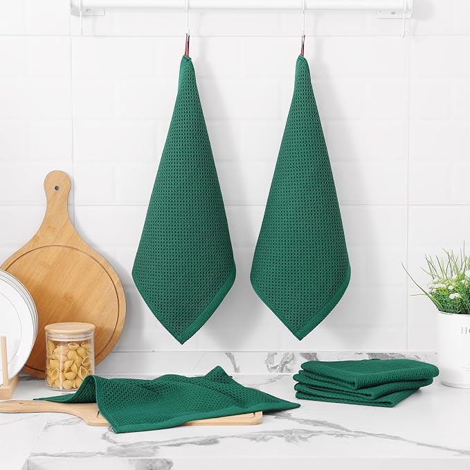 Kitinjoy 100% Cotton Waffle 8-Pack Kitchen Towels, 12" x 12", Dark Green | Ultra Absorbent, Super Soft, lightweight, Quick Drying Dish Rags for Washing Dishes