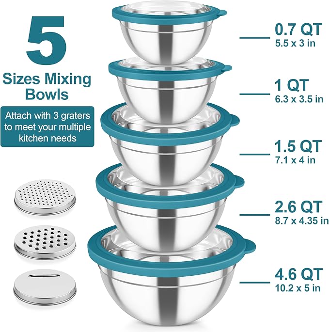 TeamFar Mixing Bowls, Stainless Steel Salad Serving Bowl with Clear Lids | with 3 Graters, For Kitchen Cooking Prepping Storing, Size 4.6/2.6/1.5/1/0.7 QT, Nesting & Airtight, Set of 5 & Blue