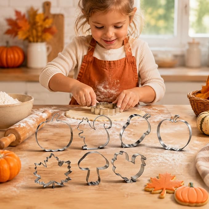 Fall Thanksgiving Cookie Cutters - 7PCS Stainless Steel Biscuit Molds | Fall Party Favors Decorations Kit Shaped in Pumpkin Acorn Turkey Fall Leaves | Fall Decor Food Baking Supplies for Kitchen