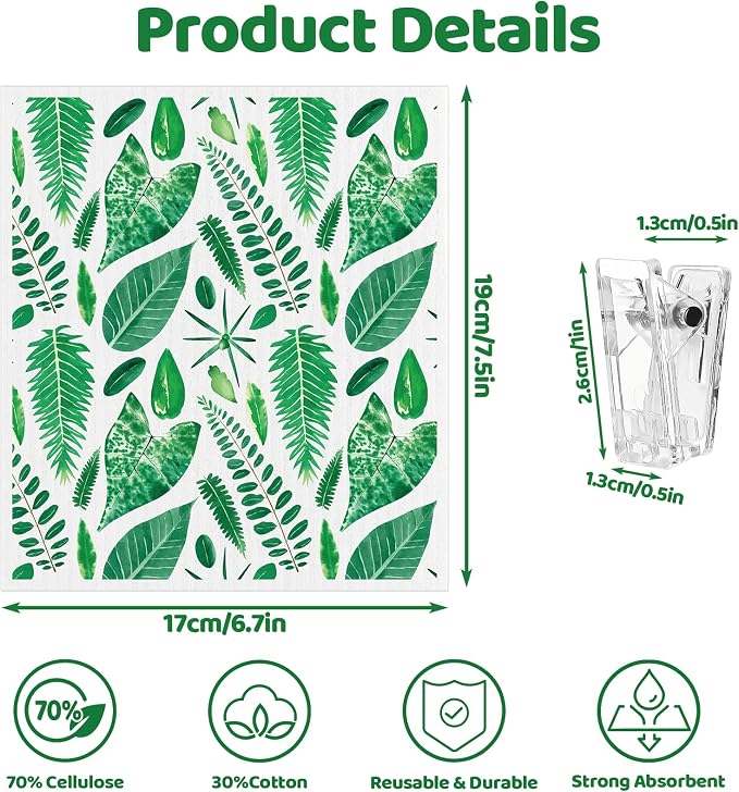 Needbrock 6 Pack Swedish Dishcloths for Kitchen, Swedish Rags | Absorbent Green Leaf Dish Cloths with Adhesive Clips, Reusable Paper Towels No Odor for Countertop Dishes Cleaning
