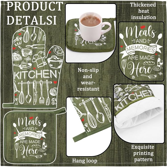 Fourluoo 10 Pcs Sage Green Kitchen Decor Farmhouse Oven Mitts and Pot Holders Sets Green Dish Towels Rustic Vintage Kitchen Rugs Mats for Women Home Decorations Baking Cooking Birthday Summer Gifts