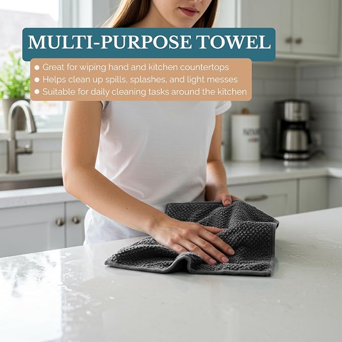 Casa Platino Kitchen Towel Set 8 Pc - 4 Dish Towels (16"x26") & 4 Dish Cloths for Washing Dishes (13"x13") - Absorbent Tea Towels, Quick Drying & Durable Cleaning Cloths, Easy Care Wash Rags - Grey.