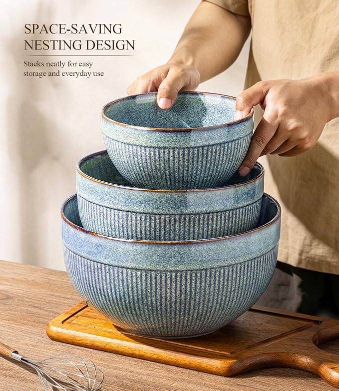GBhome Ceramic Mixing Bowls Set of 3, Stoneware Nesting Serving Bowls, | 45/90/150 oz For Prep, Baking, Serving, Gift, Microwave and Dishwasher Safe, Ribbed Dishware Collection,Ceylon Blue