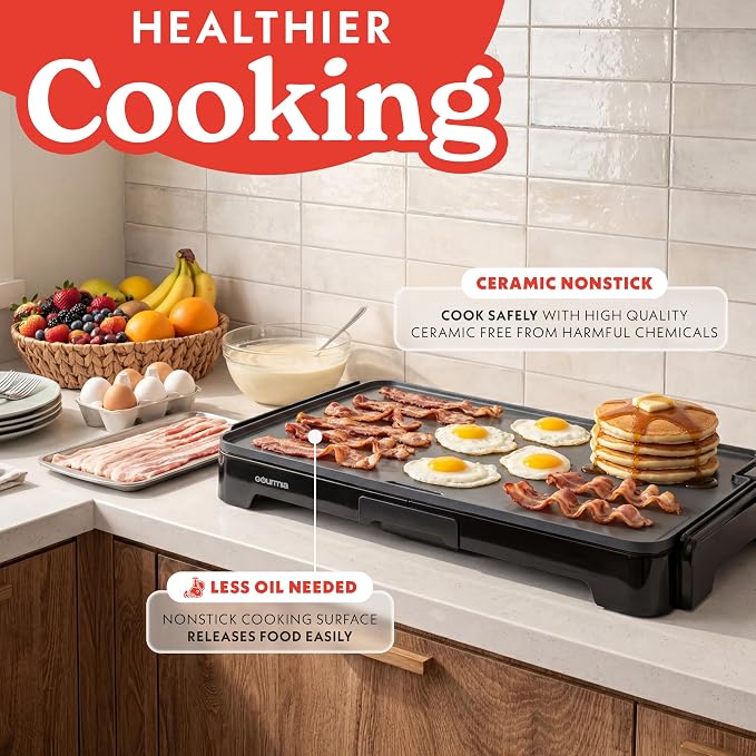 Gourmia 22 Inch XL Electric Griddle Pan - Nonstick Extra Large Flat Top Ceramic Surface, Countertop Cooker, Adjustable 200°F–400°F, Pull-Out Drip Tray, Compact Handle-Free Design