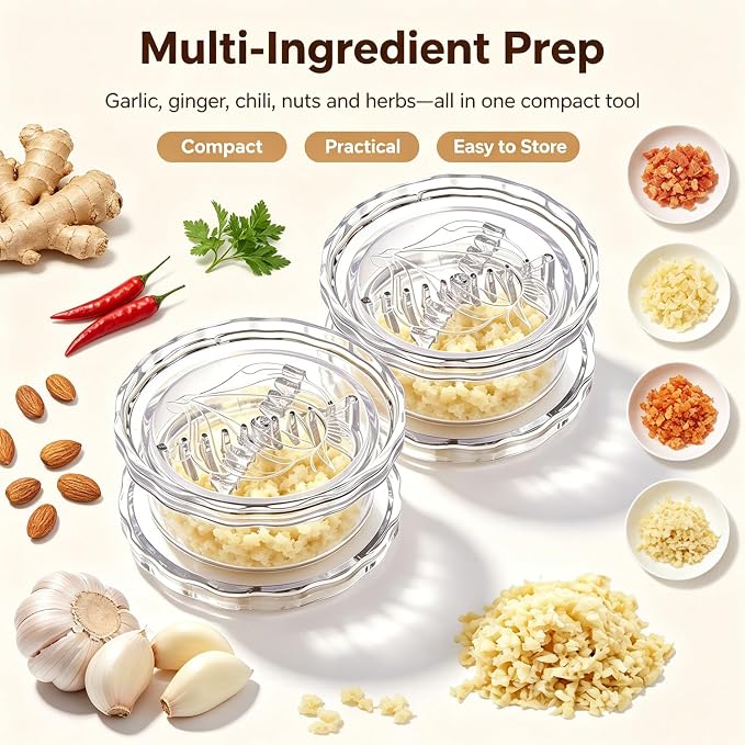 2PCS Clear Manual Garlic Twister and Ginger Mincer Tool, Transparent Manual Garlic Twist, Compact Garlic Mincer Tool for Garlics, Ginger, Onion, Nuts, Herbs, Impact Resistant Kitchen Gadget