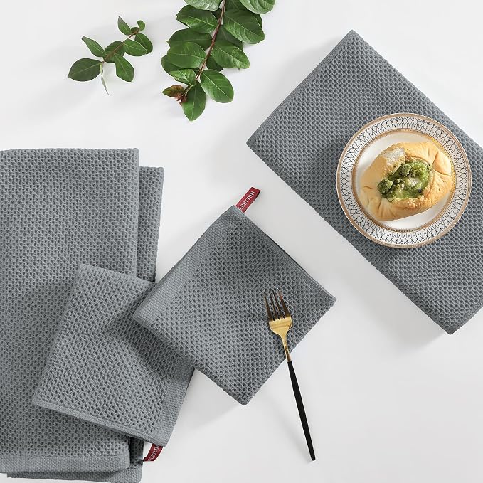 Homaxy 12 Pack 100% Cotton Kitchen Towels and Dishcloths Set, Grey | 12 x 12 Inches and 13 x 28 Inches Kitchen Towels Set, Ultra Soft Absorbent Dish Cloths for Washing Dishes