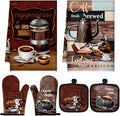 Jingmore 6 Pcs Kitchen Decor Set Accessorie Farmhouse Kitchen Towels Pot Holders Oven Mitts Set 2 Dish Towels 2 Pot Holders 2 Cooking Mittens Oven Glove for Cooking(Dark Brown,Coffee)