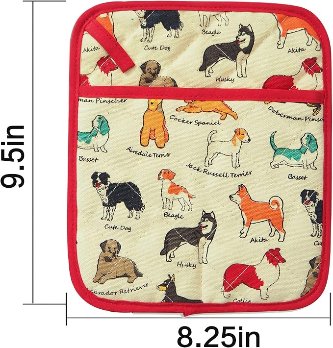Pot Holders Set of 2 Heat Resistant 480℉ Kitchen 100% Cotton | Comfortable Lining Printing Dog Flower Women Men Home Cooking Baking Microwave BBQ Gift(Dog)