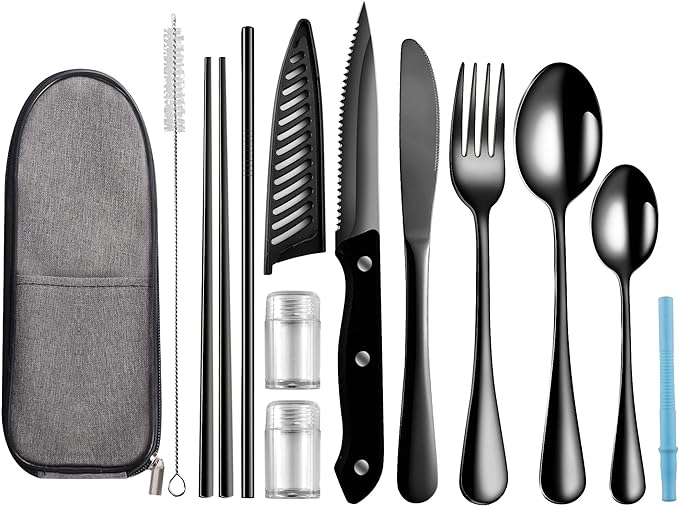 Logcow Travel Utensils with Case,Reusable Utensils,Portable Travel Camping Cutlery Set,Stainless Steel Flatware Set,Lunch Boxes Workplace Camping School Picnic (Black) | Portable Travel Camping Cutlery Set,Stainless Steel Flatware Set,Lunch Boxes Workp...