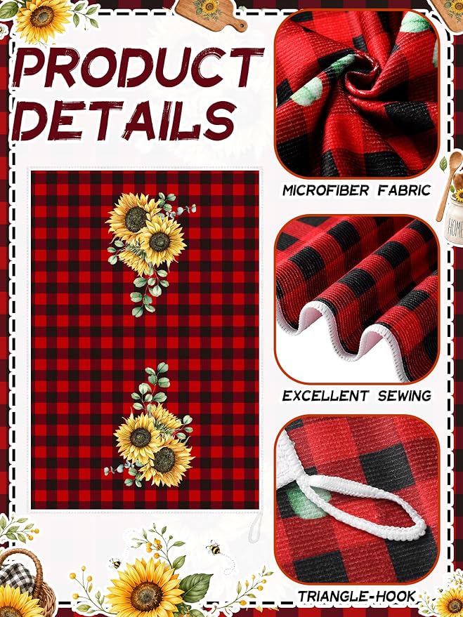 4 Pcs Sunflower Kitchen Towels Red Black Hand Dish Towels Gifts | Floral Absorbent Sunshine Grid Fast Drying Decor Housewarming Gift for Cooking Bathroom Kitchen Decor