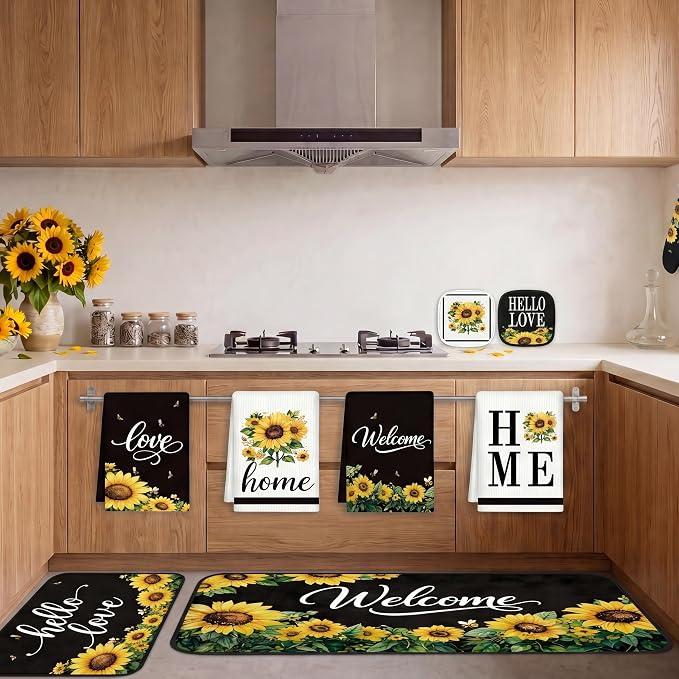 Tieshankao 10Pcs Sunflower Kitchen Decor Kitchen Accessories Set | Summer Yellow Towels Oven Mitts Pot Holders Rugs and Mats for Baking Housewarming Cooking Gifts