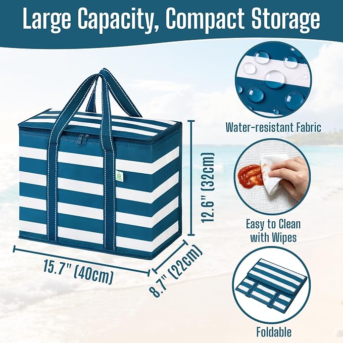 VENO 2 Pack Insulated Cooler Bag Reusable Grocery Bag for Food Delivery | Heavy Duty Large Collapsible Cooler Shopping Tote w/ Zippers,Foldable,Stands Upright for Camping(Classic Navy Stripe,2 Pack)