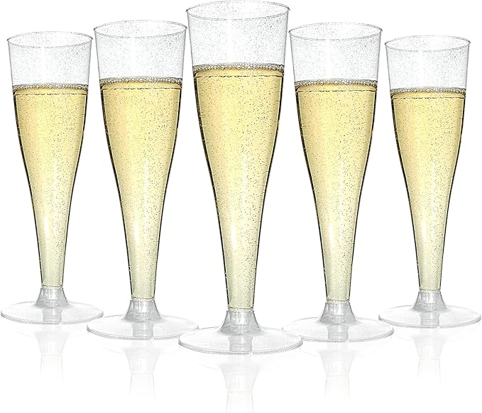 Bestluck 50Pack 4.5oz Silver Glitter Champagne Flutes Plastic | Plastic Disposable Stemware, Disposable Champagne Flutes for Party, Mimosa Bar, Wedding, Anniversary and Graduation