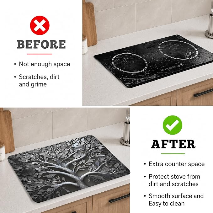 Stove Top Cover for Electric Stove 28"x20" Rubber Stovetop Cover | Heat Resistant Glass Top Stove Cover Protector Mat - Anti-Scratch Dish Drying Mat, Tree of Life Pattern with 2 Hooks