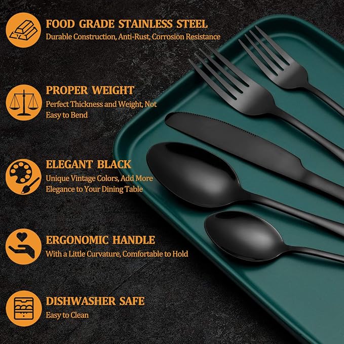20 Pcs Black Silverware Set, Stainless Steel Flatware Set for 4, Food-Grade Cutlery Set, Mirror Polished Tableware Eating Utensils Set for Home Kitchen, Include Knife Fork Spoon Set, Dishwasher Safe