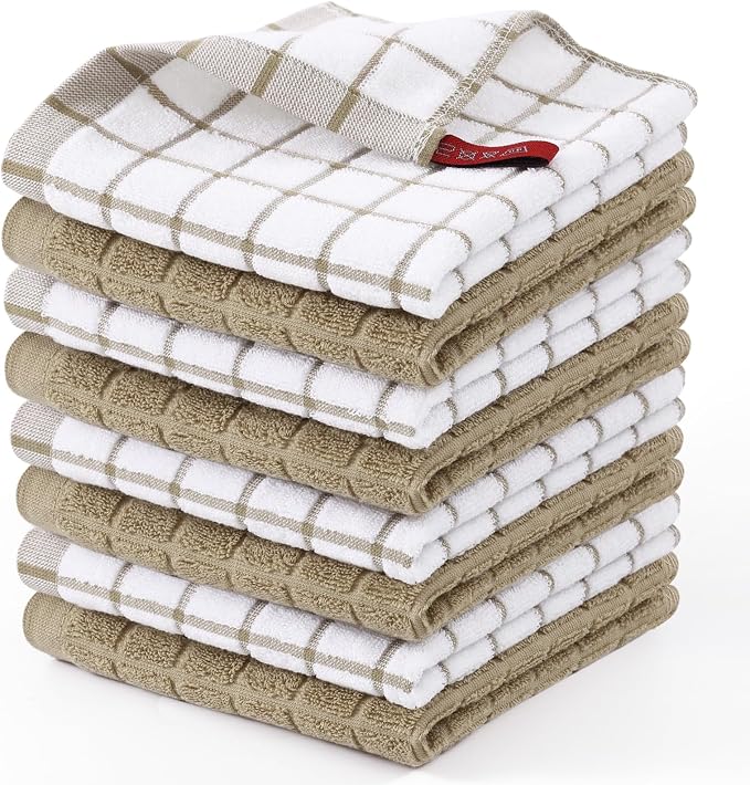 Homaxy Premium Cotton Kitchen Dish Cloths 12"x 12", 8 Pack, Tan | Natural Ring Spun 390 GSM Dish Rags, Super Absorbent Terry Dish Towels, Soft Dishcloths with Hanging Loop