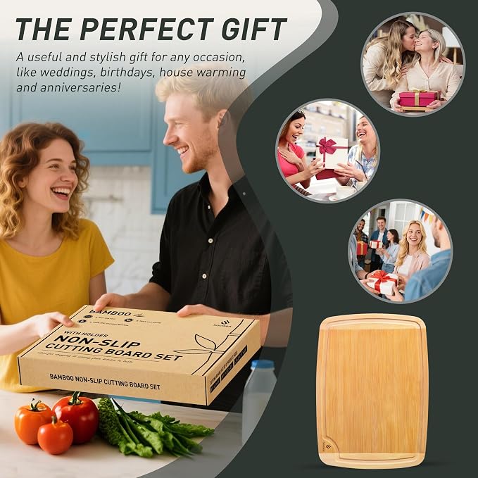 Bamboo Cutting Board Set Non Slip Feet Over Sink Brides Her Wedding Day Bridal Shower Engaged Engagement Hostess Couple Newly Wed House Christmas Married Future Mrs fiancee Unique Cool Gifts