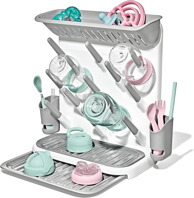 OXO Tot Expandable Baby Bottle Drying Rack, Space-Saving | Expandable Drying Rack For Baby Bottles, Saves Counter Space, Fits Newborn And Breastfeeding Accessories, Drip Tray Included