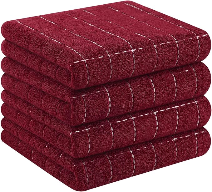 Homaxy 100% Cotton Terry Kitchen Towels, 4 Pack, Burgundy | Ultra Soft and Absorbent Dish Towels for Kitchen, Suitable for Drying and Washing Dishes