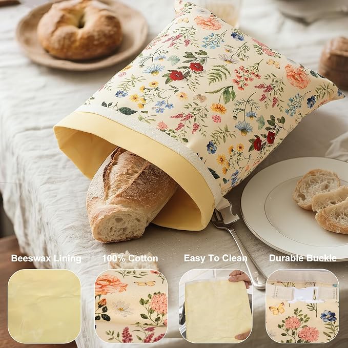 Reusable Beeswax Bread Bags for Homemade Bread & Sourdough, 2-Pack XL Airtight Food Storage Bags, Organic Cotton Linen Covers - Freezer-Friendly Freshness Preservation Keeps Fresh Longer