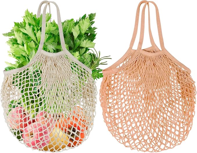 2-Pack Reusable Mesh Grocery Bags, 100% Cotton String, Long Handle Produce Bags, Fruit & Veggie Storage