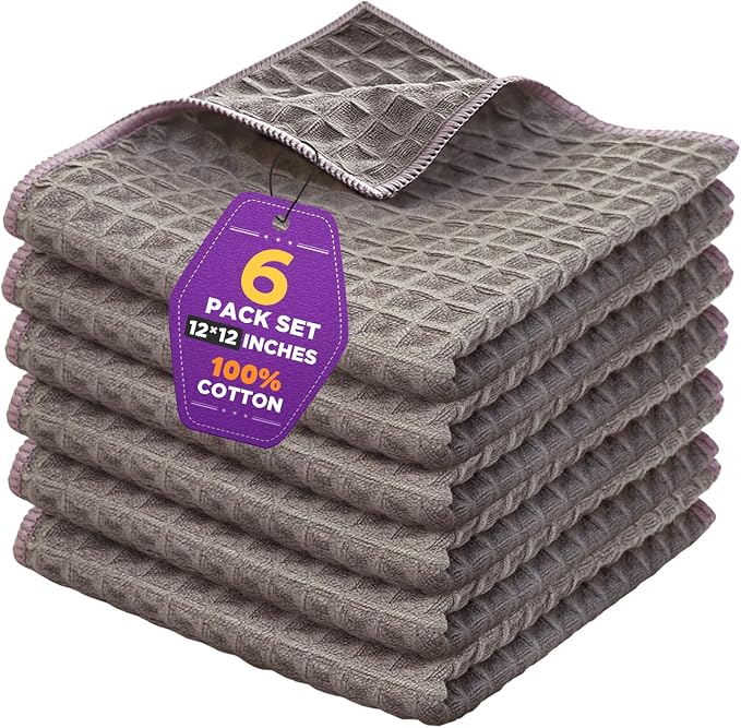 Kitchen Towels 6-Pack Cotton Waffle Weave Dish Cloths 12 x 12 Cleaning Rags