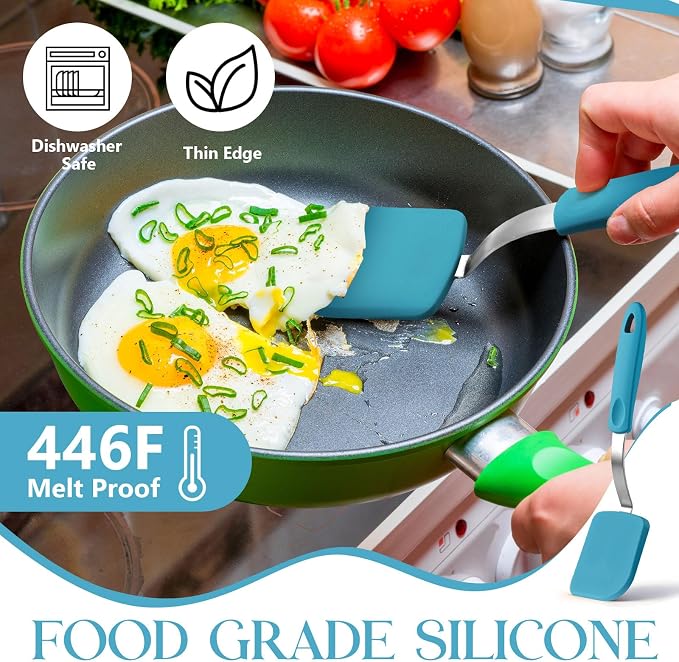 Silicone Cookie Spatula Turner 2 Pack Mini Brownie Spatula Flexible Kitchen Small Silicone Turner for Nonstick Cookware Heat Resistant No Scratch Flipper for Egg(Solid Flat,Light Blue)