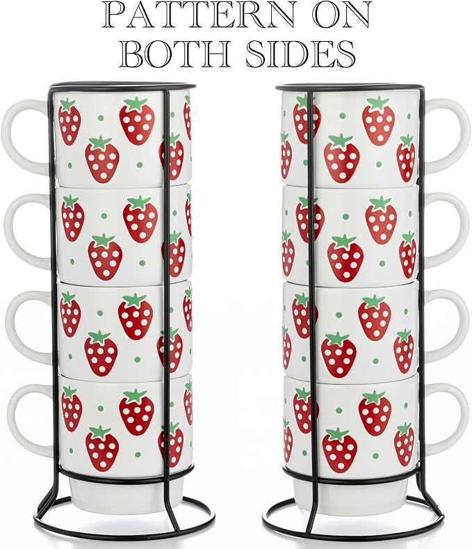 Signature Housewares Stackable Coffee Mug Tower Set with Metal Wire Rack - 15 Ounce Coffee Mugs for Coffee, Tea, Cocoa, Milk, Cappuccino, Hot Chocolate Set of 4 - Strawberry Pattern