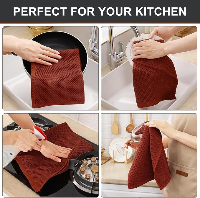 Kitinjoy 100% Cotton Waffle 4-Pack Kitchen Towels, 13" x 28", Rust | Super Soft, Ultra-Absorbent, Fast Drying, lightweight, Quick Drying Kitchen Hand Towels