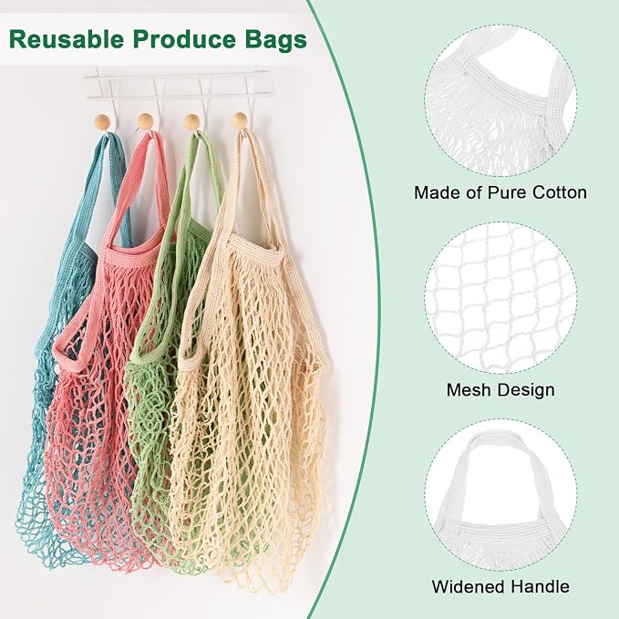 M METERXITY 1-Pack Cotton Mesh Bag, Reusable Washable Mesh Net String Grocery Bags, Reusable Produce Bags with Handle, Net Tote Bag for Fruits/Vegetables Shopping [White, Short Handle]