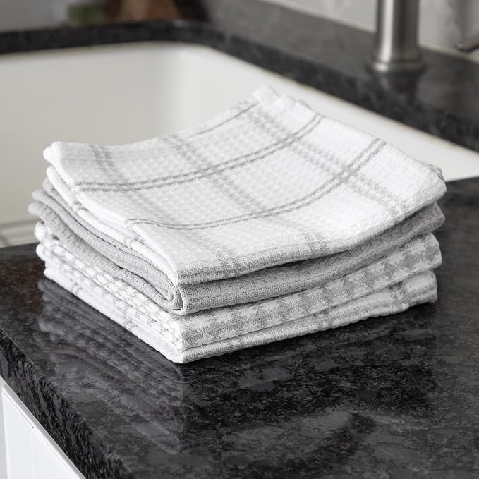 T-Fal Premium Waffle Dish Cloths: Highly Absorbent, Super Soft Long Lasting - 100% Cotton, 12"x13" Towel for Cleaning & Drying, (4-Pack), Grey
