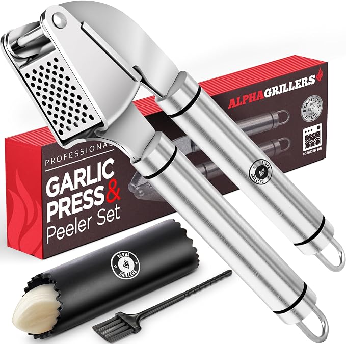 Alpha Grillers Garlic Press Stainless Steel, Mincer, Crusher & Peeler | Dishwasher Safe, Rust-Proof, BPA-Free & Easy to Clean
