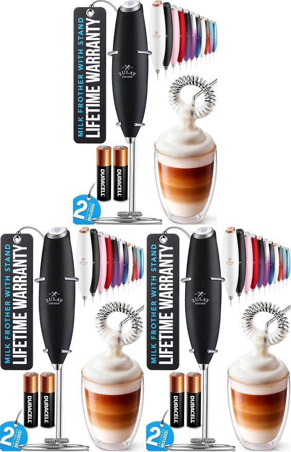 Zulay Kitchen Powerful Milk Frother Wand With Duracell Batteries - Ultra Fast Handheld Drink Mixer - Electric Whisk Foam Maker for Coffee, Lattes, Cappuccino & Matcha - Z1 Motor - Black (Pack of 3)