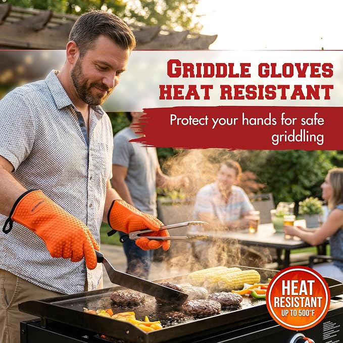 KITCHEN PERFECTION XL Silicone Griddle Gloves - Heat Resistant Oven Mitts | Waterproof, 5-Finger Design For A Better Grip, Best Griddle Grilling Accessories, Compatible with Blackstone, Weber & More