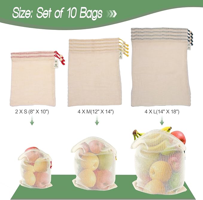 Reusable Cotton Produce Bags (10 Pack + 1 Premium Stotage Pouch) - Organic Cotton Mesh Bags for Fruits & Vegetables, Washable, Double-Stitched, Tare Weight, Eco-Friendly Storage (4L, 4M, 2S)