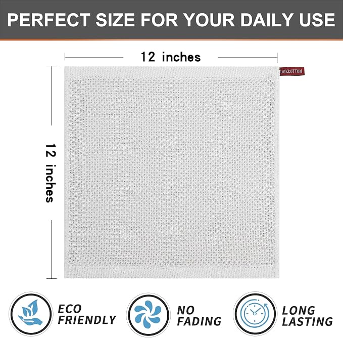 Kitinjoy 100% Cotton Waffle 6-Pack Kitchen Towels, 12" x 12", Light Grey | Ultra Absorbent, Super Soft, lightweight, Quick Drying Dish Rags for Washing Dishes