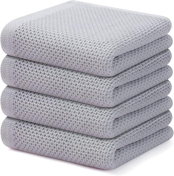 Kitinjoy 100% Cotton Waffle 4-Pack Kitchen Towels, 13" x 28", Light Grey | Super Soft, Ultra-Absorbent, Fast Drying, lightweight, Quick Drying Kitchen Hand Towels