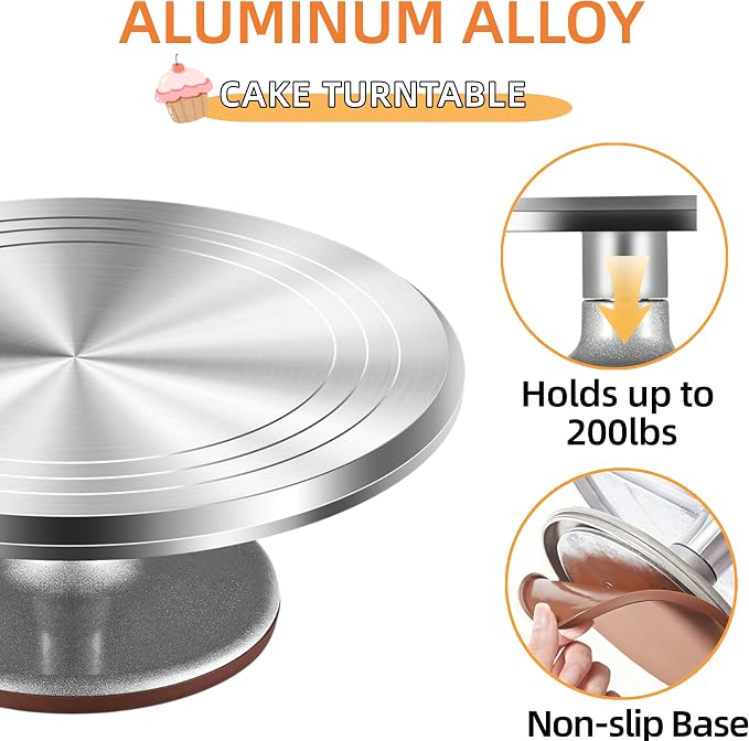 12-Inch Aluminum Alloy Cake Turntable for Frosting, Ultra-Smooth Rotating Icing Stand with Non-Slip Base, Heavy-Duty Decorating Rotating Cake Stand for Baking, DIY Crafts, and Cake Decoration