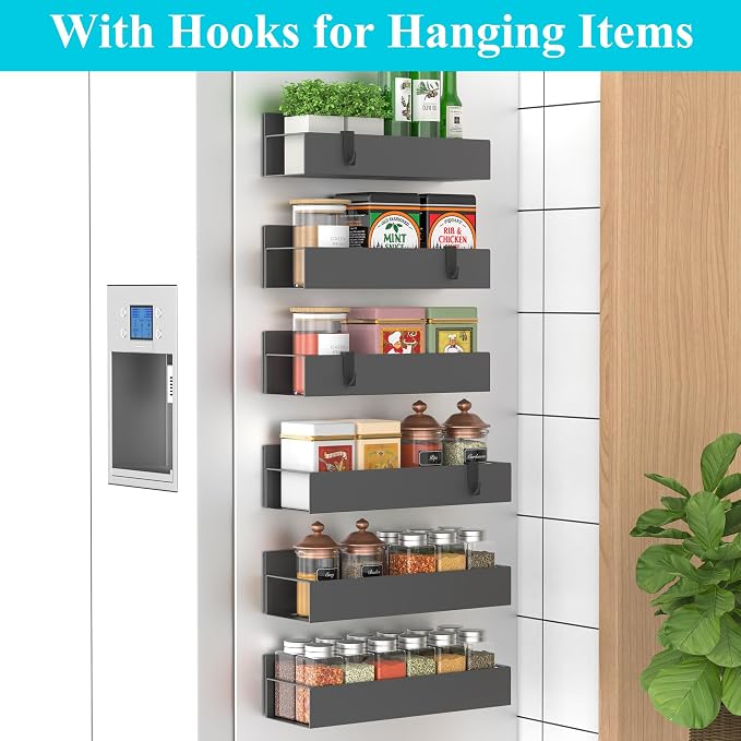 Metal Magnetic Spice Rack for Refrigerator Dark Gray, 6 Pack | Magnetic Shelves Heavy Duty for Fridge in Kitchen, Seasoning Storage Organizer, For Oven Washer and Dryer, For Heavier Items