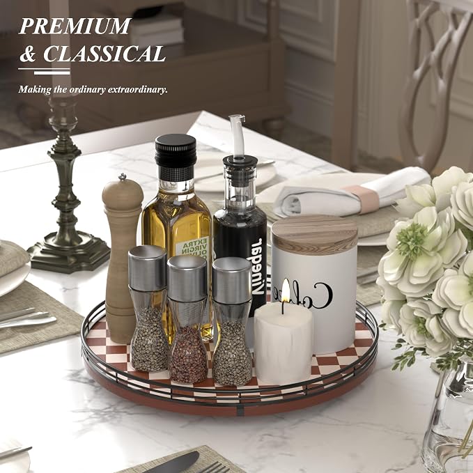 AMH 13-Inch Brown White Checkerboard Lazy Susan with Black Metal Rail | Smooth rotating oak tray with walnut finish for dining tables, kitchen counters, pantries and cabinet storage.