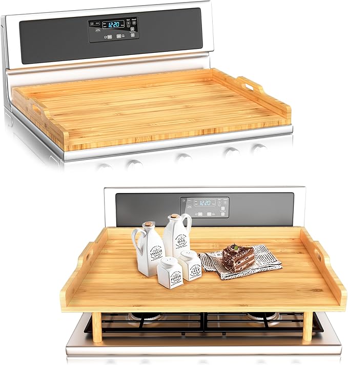 Bamboo Stove Top Cover for Electric Stove & Gas Burners - 29" x 22" Extra Large Noodle Board Stove Cover with Adjustable Legs & Handles - Multi-Use Stove Cover Cutting Board, Sink Cover, RV Accessory